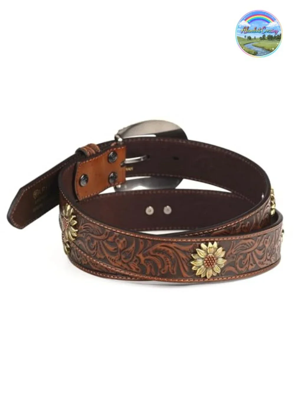Genuine Leather Floral Tooled Western Belt with Concho Buckle 1.5in